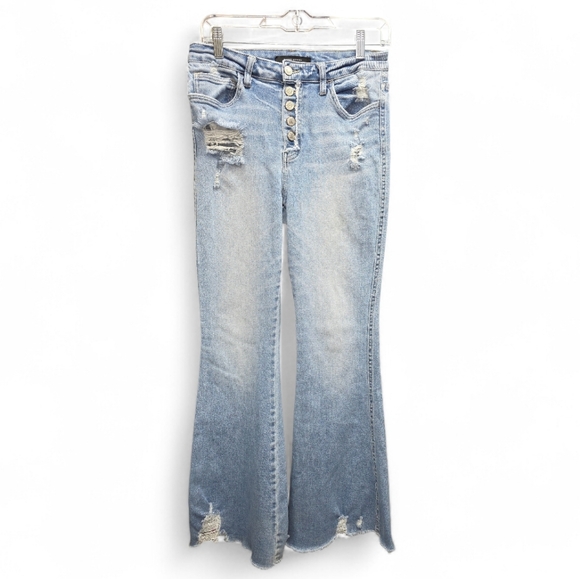 Flying Monkey Distressed High Rise Button Fly Flare Jeans Light Wash Size 28 - Picture 2 of 10